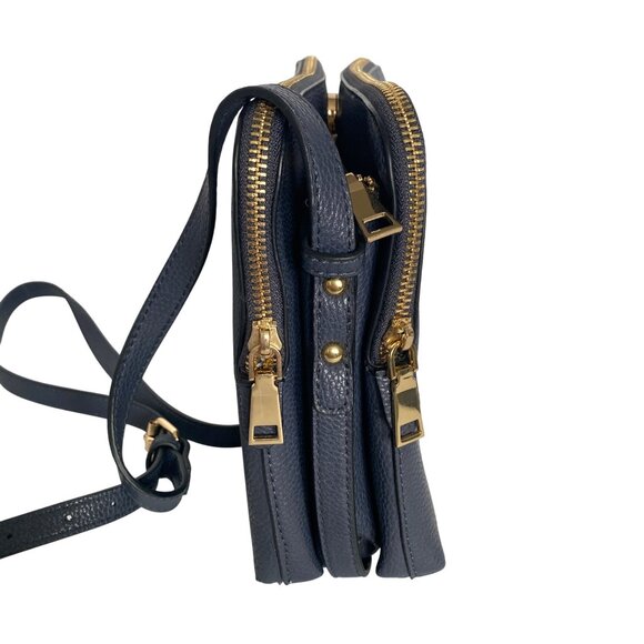 Navy Blue Pleather Crossbody Purse Multi Section Adj Strap Gold Tone Zippers - Picture 2 of 14